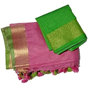 nr handloom  women39s cotton linen slub saree with contrast unstitched blouse piece and zari border amp pallu_free size_variation_