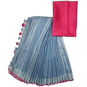 nr handloom  women39s cotton linen slub saree with contrast unstitched blouse piece and zari border amp pallu_free size_variation_
