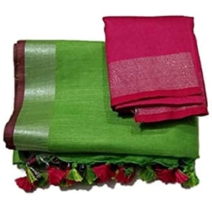 nr handloom  women39s cotton linen slub saree with contrast unstitched blouse piece and zari border amp pallu_free size_variation_