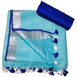 nr handloom  women39s cotton linen slub saree with contrast unstitched blouse piece and zari border amp pallu_free size_variation_