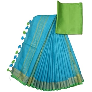 nr handloom  women39s cotton linen slub saree with contrast unstitched blouse piece and zari border amp pallu_free size_variation_