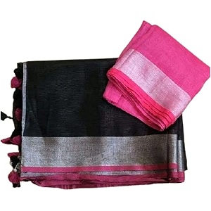 nr handloom  women39s cotton linen slub saree with contrast unstitched blouse piece and zari border amp pallu_free size_variation_