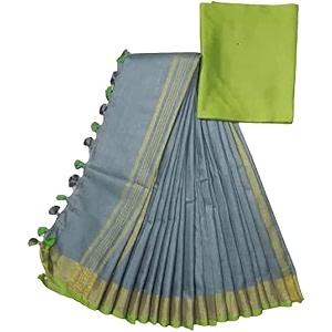 nr handloom  women39s cotton linen slub saree with contrast unstitched blouse piece and zari border amp pallu_free size_variation_