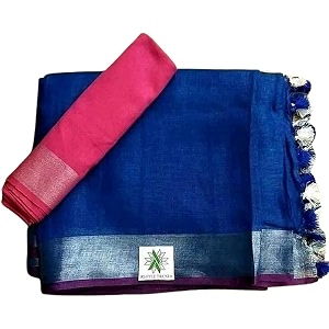 nr handloom  women39s cotton linen slub saree with contrast unstitched blouse piece and zari border amp pallu_free size_variation_
