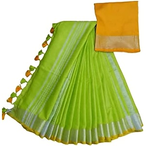 nr handloom  women39s cotton linen slub saree with contrast unstitched blouse piece and zari border amp pallu_free size_variation_