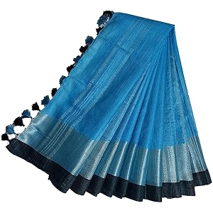 nr handloom  women39s cotton linen slub saree with contrast unstitched blouse piece and zari border amp pallu_free size_variation_