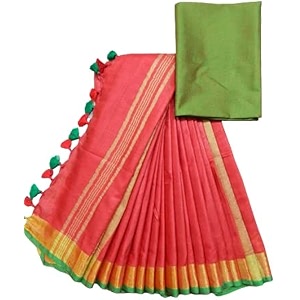nr handloom  women39s cotton linen slub saree with contrast unstitched blouse piece and zari border amp pallu_free size_variation_