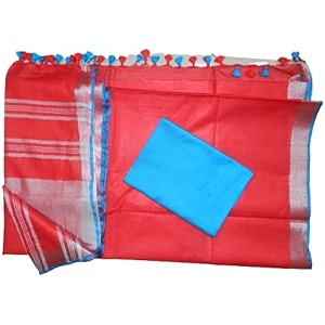 nr handloom  women39s cotton linen slub saree with contrast unstitched blouse piece and zari border amp pallu_free size_variation_