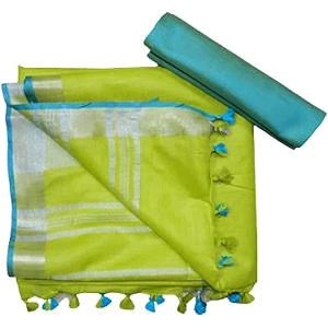 nr handloom  women39s cotton linen slub saree with contrast unstitched blouse piece and zari border amp pallu_free size_variation_