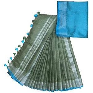 nr handloom  women39s cotton linen slub saree with contrast unstitched blouse piece and zari border amp pallu_free size_variation_