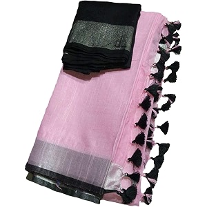 nr handloom  women39s cotton linen slub saree with contrast unstitched blouse piece and zari border amp pallu_free size_variation_