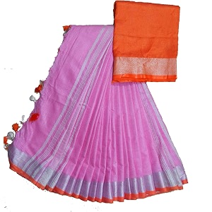 nr handloom  women39s cotton linen slub saree with contrast unstitched blouse piece and zari border amp pallu_free size_variation_