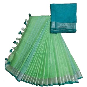 nr handloom  women39s cotton linen slub saree with contrast unstitched blouse piece and zari border amp pallu_free size_variation_