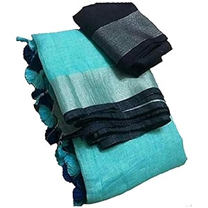 nr handloom  women39s cotton linen slub saree with contrast unstitched blouse piece and zari border amp pallu_free size_variation_