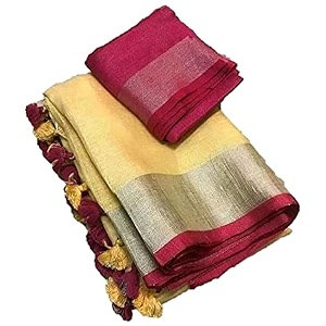 nr handloom  women39s cotton linen slub saree with contrast unstitched blouse piece and zari border amp pallu_free size_variation_