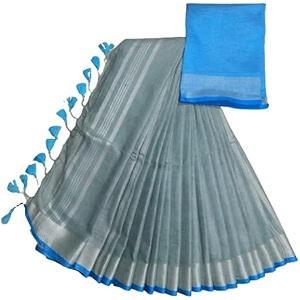 nr handloom  women39s cotton linen slub saree with contrast unstitched blouse piece and zari border amp pallu_free size_variation_
