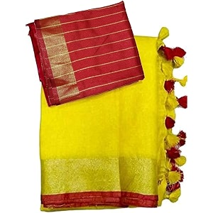 nr handloom  women39s cotton linen slub saree with contrast unstitched blouse piece and zari border amp pallu_free size_variation_