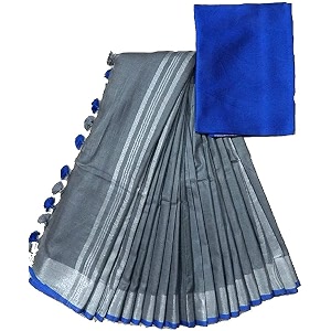 nr handloom  women39s cotton linen slub saree with contrast unstitched blouse piece and zari border amp pallu_free size_variation_