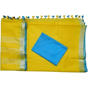 nr handloom  women39s cotton linen slub saree with contrast unstitched blouse piece and zari border amp pallu_free size_variation_