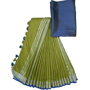 nr handloom  women39s cotton linen slub saree with contrast unstitched blouse piece and zari border amp pallu_free size_variation_