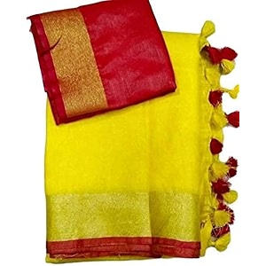 nr handloom  women39s cotton linen slub saree with contrast unstitched blouse piece and zari border amp pallu_free size_variation_