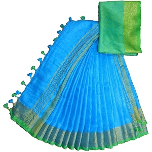 nr handloom  women39s cotton linen slub saree with contrast unstitched blouse piece and zari border amp pallu_free size_variation_