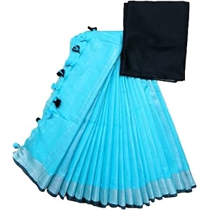 nr handloom  women39s cotton linen slub saree with contrast unstitched blouse piece and zari border amp pallu_free size_variation_