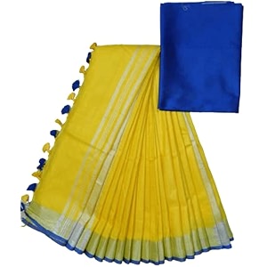 nr handloom  women39s cotton linen slub saree with contrast unstitched blouse piece and zari border amp pallu_free size_variation_