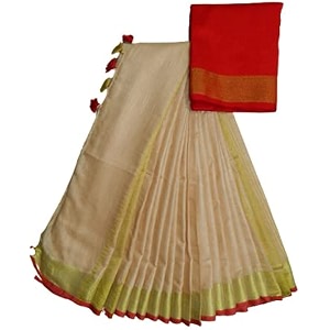 nr handloom  women39s cotton linen slub saree with contrast unstitched blouse piece and zari border amp pallu_free size_variation_