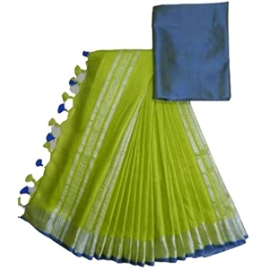 nr handloom  women39s cotton linen slub saree with contrast unstitched blouse piece and zari border amp pallu_free size_variation_