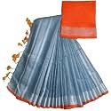 NR Handloom | Women's Cotton Linen Slub Saree with Contrast Unstitched Blouse Piece and Zari Border &amp; Pallu_Free Size_Variation_