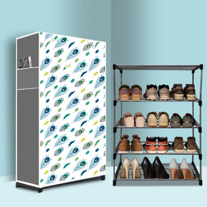 nr kart 4 tier foldable shoe rack  space saver universal for entry bedroom  balcony plastic metal collapsible shoe stand peacock feather modern printeda4 4 shelves diydo-it-yourself