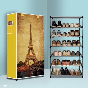 nr kart 6 tier foldable shoe rack  space saver universal for entry bedroom  balcony plastic metal collapsible shoe stand eiffel tower modern printa6 6 shelves diydo-it-yourself