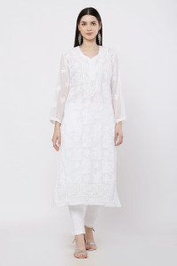 ns fashion pack of 2 embroidered georgette straight kurta for women white