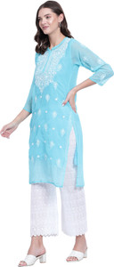 ns fashion embroidered georgette straight kurta for women light blue