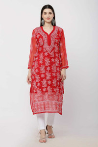 ns fashion embroidered georgette straight kurta for women red
