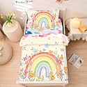 NTBED 4 Pieces Toddler Bedding Set for Baby Girls, Rainbow Floral Printed, Includes Comforter, Flat Sheet, Fitted Sheet and Pillowcase,White