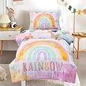 NTBED 4 Pieces Toddler Bedding Set for Baby Girls, Rainbow Butterfly Printed, Includes Comforter, Flat Sheet, Fitted Sheet and Pillowcase,White