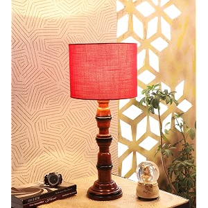 tu casa red cotton shade with brown mango wood base table lamp  elegant bedside amp desk lamp for bedroom living room office home dcor amp gifting height  21 inchno blub included