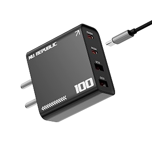 nu republic cybotron 100w dual qc usb-a  dual pd type-c pps 30 gan charger with type-c to c cable compatible with macbook amp type-c laptop charging iphone samsung oneplus nothing black