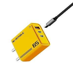 nu republic cybotron 65w gan superfast wall charger with type-c to type-c cable 65w output yellow type-c and usb-a enabled smartphones tablets laptops and other electronics gadgets