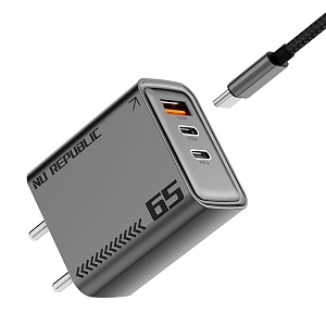 nu republic cybotron 65w gan superfast wall charger with type-c to type-c cable 65w output compatible with macbook amp type-c laptop charging iphone samsung oneplus nothing grey
