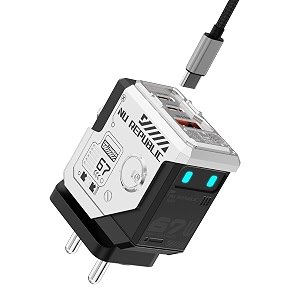 nu republic cybotron 67w gan charger 3-port pd  pd  qc 30 type-c to type-c cable included qc 30 powerblitz technology transparent mecha design silver