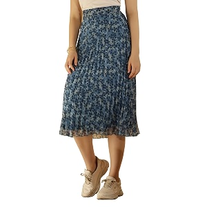 NUEVOSDAMAS Floral Printed Pleated Navy Multi Skirt