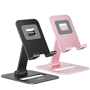 nulaxy 2 pack dual folding cell phone stand fully adjustable phone holder for desk compatible with iphone 15 14 13 12 11 nintendo switch all phones black amp rose gold