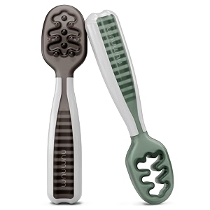 num num numnum pre-spoon gootensils  baby spoon set stage one  stage two  bpa free silicone self feeding utensil  1 doctor recommended baby led weaning spoon for kids ages 6 months graygreen