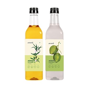 nune combo of single pressed cold pressed coconut and sesame oil - 1 litre each  plastic bottles  single pressed 100 cold pressed  no preservatives  no additives