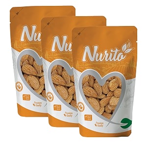 nurito almond roasted amp salted 750g 250g x 3  dry fruits- badam roasted  crunchy healthy amp delicious vegan-friendly nut snack  rich in protein fiber healthy fats calcium amp dietry fibre  roasted badam best for brain health and muscle function  lightly salted almonds for energy
