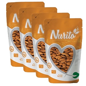 nurito almonds 1000 grams 250 grams x 4 - raw whole and delicious crunchy texture without sugar and salt  ideal for snacking baking smoothies amp meal also for healthy lifestyle