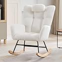 Nursery Rocking Chair,300Lb Glider Chair with Wood Legs/Two Side Pockets,Teddy Upholstered Glider Rocker with Padded Seat High Backrest for Living Room/Bedroom/Nursery